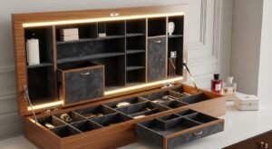 Vanity with hidden storage behind mirror