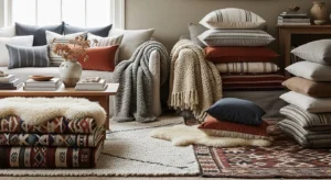 Layered textures cushions rugs throws cozy timeless interior
