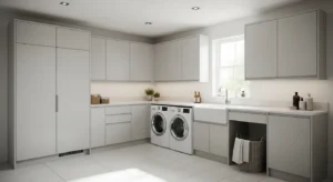 Sleek cabinets in modern laundry room