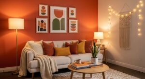 Warm accent wall adding depth and coziness