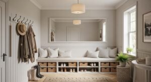 Mudroom with mirror above bench, soft lighting, neutral tones, open and bright entryway
