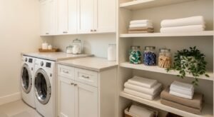 Bright white laundry room with clean storage and organized shelves
