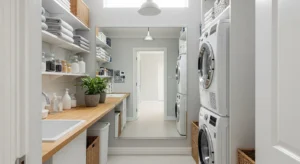 Mirror making small laundry room look bigger