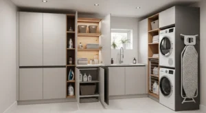 Vertical cabinets maximizing storage in small laundry room