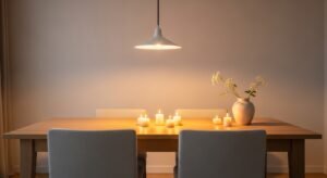 Elegant dining space with simple decor and warm lighting