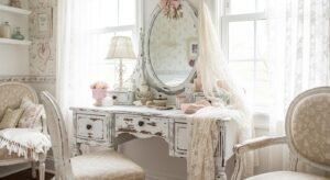 Distressed white vanity with soft vintage aesthetic