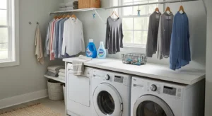 Hanging rod for air drying clothes in laundry room