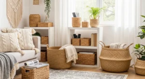 Storage baskets organizing apartment space