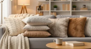 Throw pillows adding comfort and style to apartment sofa
