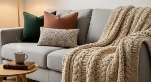 Textured throw blanket adding warmth to sofa