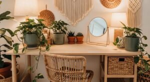 Boho makeup desk with natural textures and cozy feel
