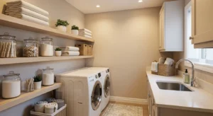 Floating shelves styled neatly in modern laundry room
