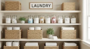 Open shelving laundry room organization