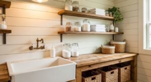 Farmhouse style laundry room with rustic wood and cozy decor