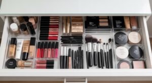 Vanity drawers organized with makeup and accessories