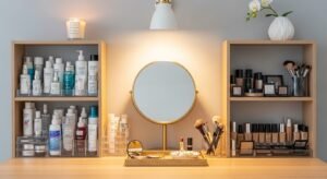 Makeup desk with open shelves for easy access