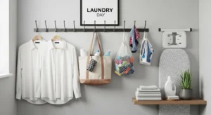 Wall hooks for hanging items in a small laundry room