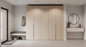 Hidden shoe storage cabinet in mudroom