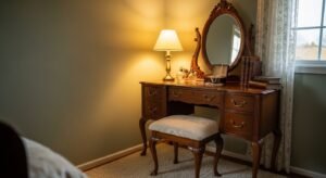 Vanity with vintage stool seating and classic design