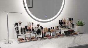 Vanity setup with acrylic organizers for clean makeup storage