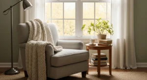 Cozy reading corner with chair and soft lighting