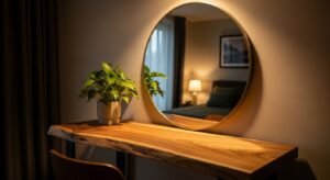 Wooden vanity with warm natural tones and cozy feel