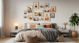 Bedroom gallery wall with personal photos and frames