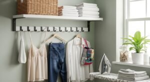 Laundry room with wall hooks for extra storage