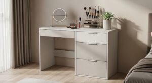 Compact vanity table with drawers, neutral colors, clean surface, small mirror, organized makeup storage, modern bedroom
