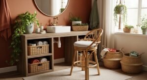 Boho vanity setup with rattan and natural decor
