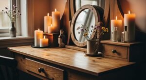 Rustic wooden vanity setup with warm cozy feel