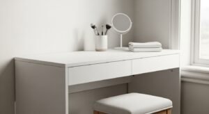 Minimal white makeup desk with clean and simple styling