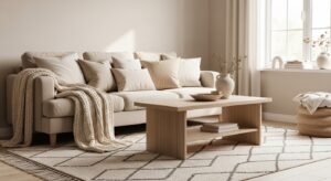 Neutral living room with layered textures and soft tones