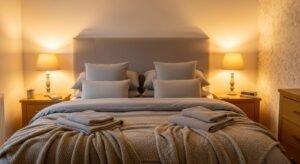 Cozy bedroom with warm lighting and soft layered bedding