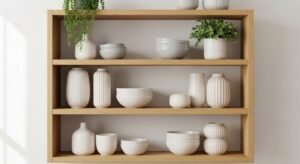 Open shelves styled with simple and natural decor
