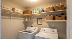 Laundry room with open shelves and organized storage