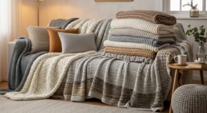 Layered throw blankets creating a cozy living room feel