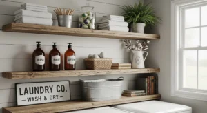 Wood shelves farmhouse laundry room