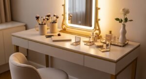 Soft glam makeup desk with neutral and elegant styling