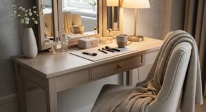 Vanity setup with a comfortable chair instead of stool