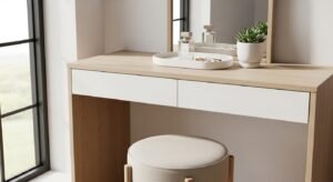 Minimal vanity setup with soft neutral colors