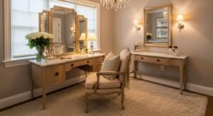 Cozy vanity room with soft textiles and warm tones
