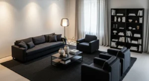 Dark furniture creating contrast in bright room