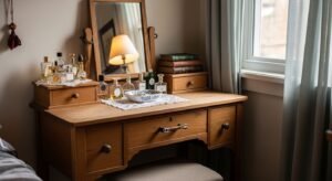 Thrifted vanity with vintage character and warm tones