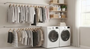 Laundry room with hanging rod for drying clothes