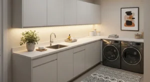 Under-cabinet lighting creating warm modern laundry space