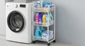 Narrow rolling cart for extra storage in laundry room