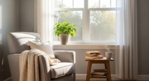 Cozy reading nook by the window with soft lighting