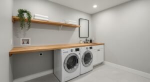 Laundry room with countertop over washer and dryer