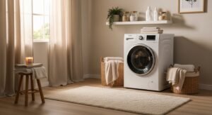 Laundry room with small rug for comfort